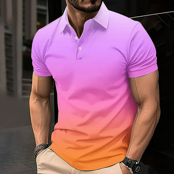 Zylanna Men's Button Polo Shirts Tee, Short Sleeve Summer Turndown Collar Gradient Color Casual Pullover for Men Purple Size 2XL