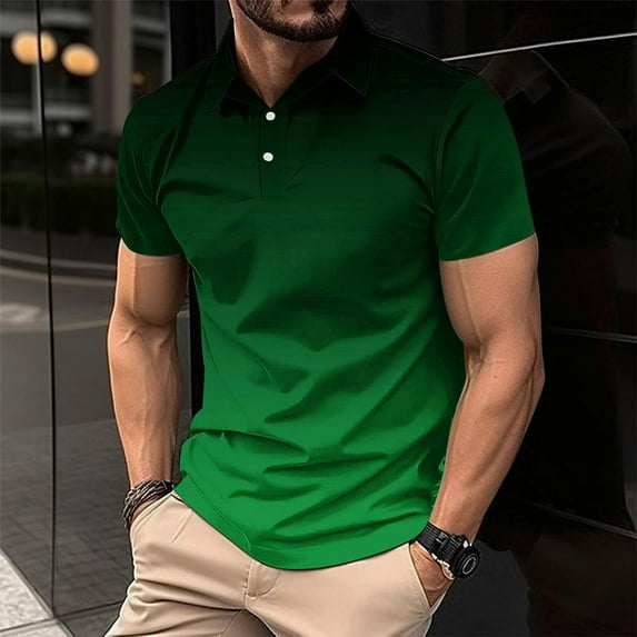 Zylanna Men's Button Polo Shirts Tee, Short Sleeve Turndown Collar Summer Gradient Color Casual Pullover for Men Green Size 4XL