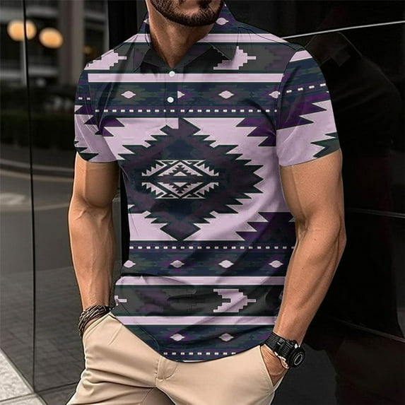 Zylanna Men's Button Polo Shirts Tee, Short Sleeve Turndown Collar Summer Printed Casual Pullover for Men Purple Size L