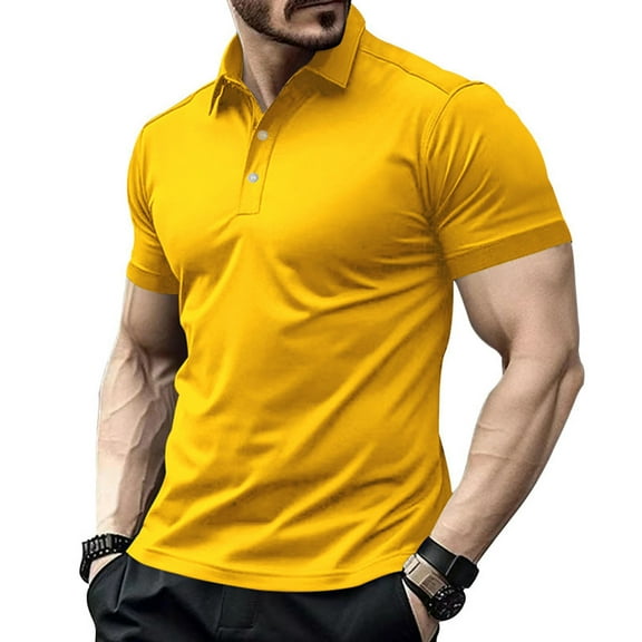 Zylanna Men's Button Polo Shirts Tee, Solid Color Short Sleeve Turndown Collar Summer Casual Pullover for Men Yellow Size XL