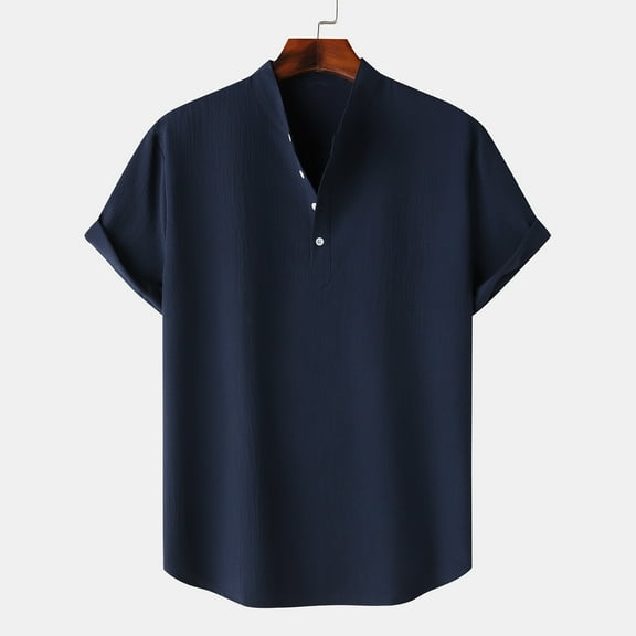 Zylanna Men's Button Polo Shirts Tee, Solid Color Stand-up Collar Summer Short Sleeve Casual Pullover for Men Dark Blue Size M
