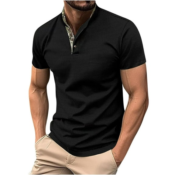 Zylanna Men's Button Polo Shirts Tee, Solid Color Summer Stand-up Collar Short Sleeve Casual Pullover for Men Black Size 3XL