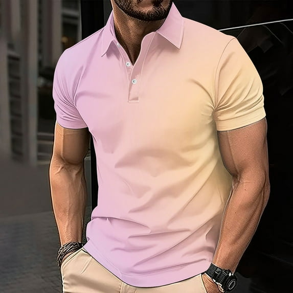 Zylanna Men's Button Polo Shirts Tee, Summer Gradient Color Turndown Collar Short Sleeve Casual Pullover for Men Pink Size M