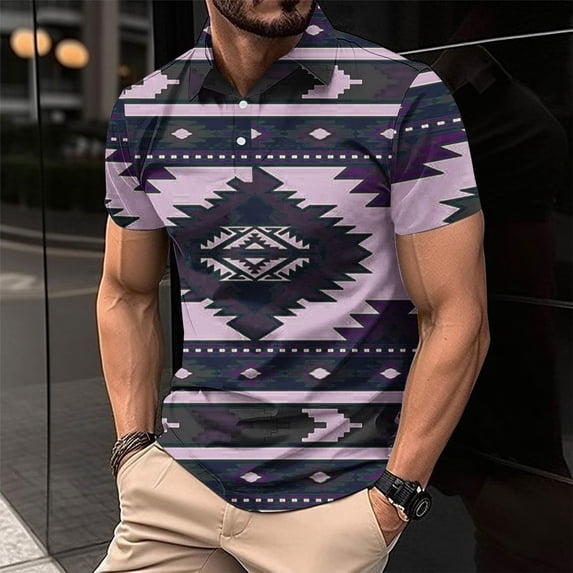 Zylanna Men's Button Polo Shirts Tee, Summer Printed Turndown Collar Short Sleeve Casual Pullover for Men Purple Size XL
