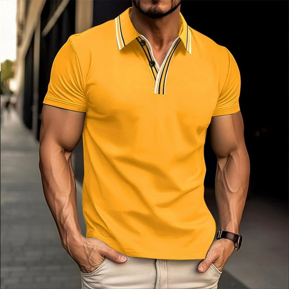 Zylanna Men's Button Polo Shirts Tee, Summer Solid Color Short Sleeve Turndown Collar Casual Pullover for Men Yellow Size L