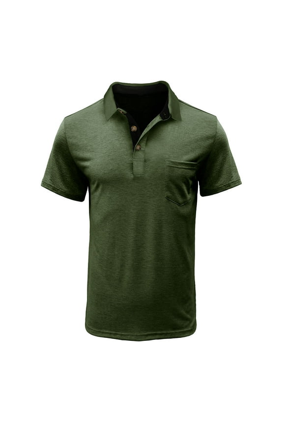 Men's Button Polo Shirts Tee, Summer Turndown Collar Solid Color Short Sleeve Casual Pullover for Men Army Green Size M