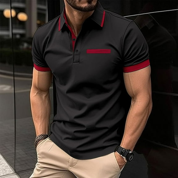 Zylanna Men's Button Polo Shirts Tee, Turndown Collar Short Sleeve Summer Solid Color Casual Pullover for Men Black Size 2XL