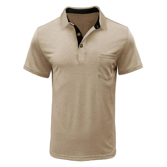 Zylanna Men's Button Polo Shirts Tee, Turndown Collar Solid Color Short Sleeve Summer Casual Pullover for Men Beige Size M