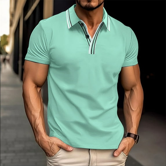 Zylanna Men's Button Polo Shirts Tee, Turndown Collar Solid Color Summer Short Sleeve Casual Pullover for Men Green Size M