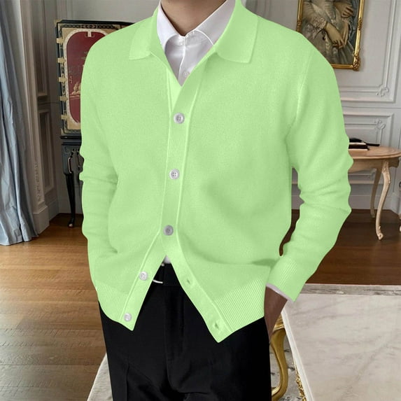 Zylanna Men's Button-Up Knit Cardigan, Breathable Polo Collar Solid Color Casual Sweater Jacket for Man Green