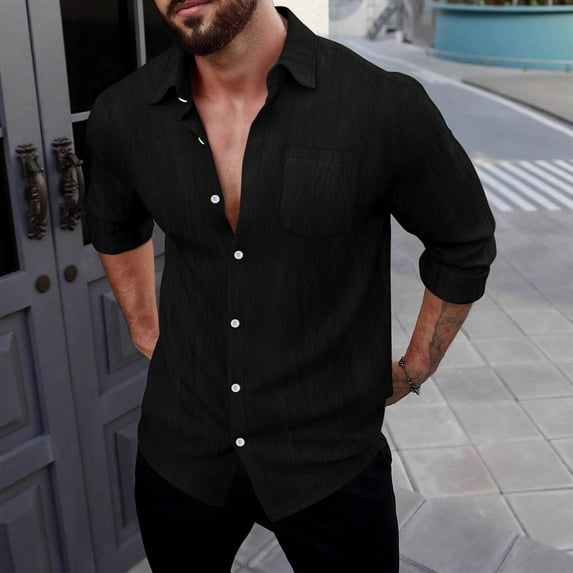 Zylanna Men's Button up Shirts, Breathable Long Sleeve Solid Color Turndown Collar Formal Shirts for Men Black
