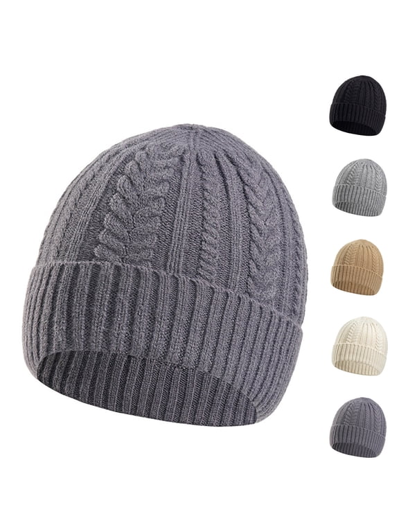 Men's Cable Knit Beanie, Stretchy Wind Resistant Folded Cuff Heavyweight Cable Twisted Warm Winter Skull Cap for Cold Weather Dark Gray