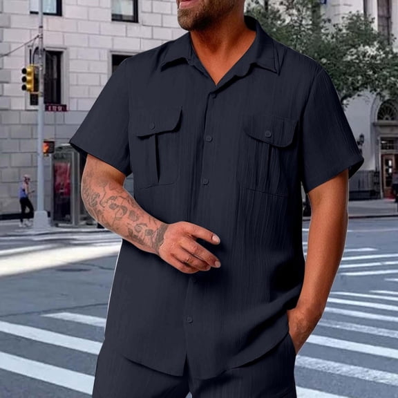 Zylanna Men's Cardigan Shirts, Solid Color Short Sleeve with Pocket Turndown Collar Tee Shirts for Man Navy Size 2XL