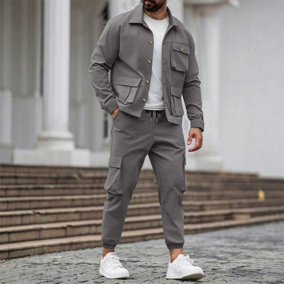 Zylanna Men's Cargo Outfit Sets, Elastic Waist Turndown Collar 2 Piece Long Sleeve Cardigan   Cargo Pants Sets for Men Gray