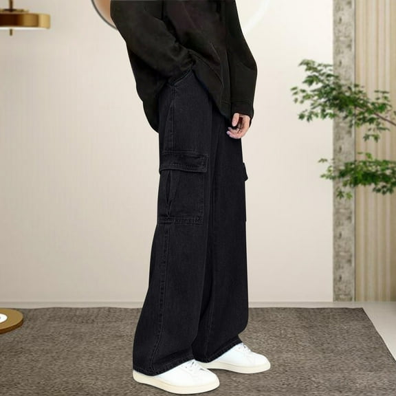 Zylanna Men's Cargo Pants, Elastic Waist Loose with Drawstring Multi Pockets Straight Leg Pants for Men Black