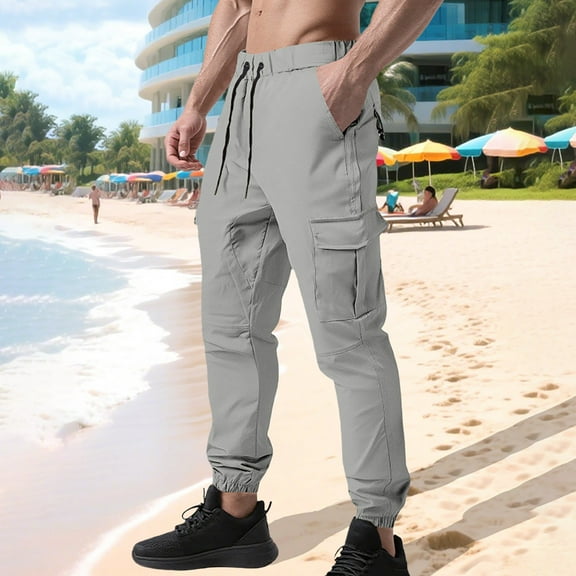 Zylanna Men's Cargo Pants, Loose Multi Pockets Elastic Waist with Drawstring Straight Leg Pants for Men Gray