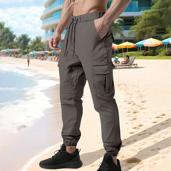 Zylanna Men's Cargo Pants, Loose Multi Pockets with Drawstring Elastic Waist Straight Leg Pants for Men Dark Gray