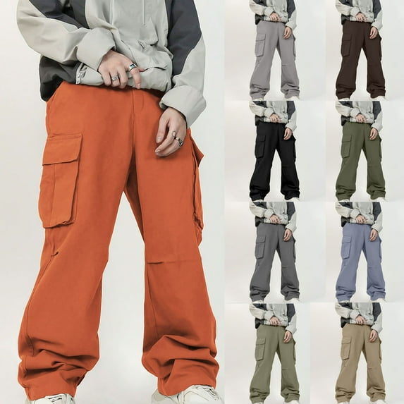 Zylanna Men's Cargo Pants, Relax Fit Elastic Waist Multi-Pockets Drawstring Outdoor Pants for Men Orange Size L