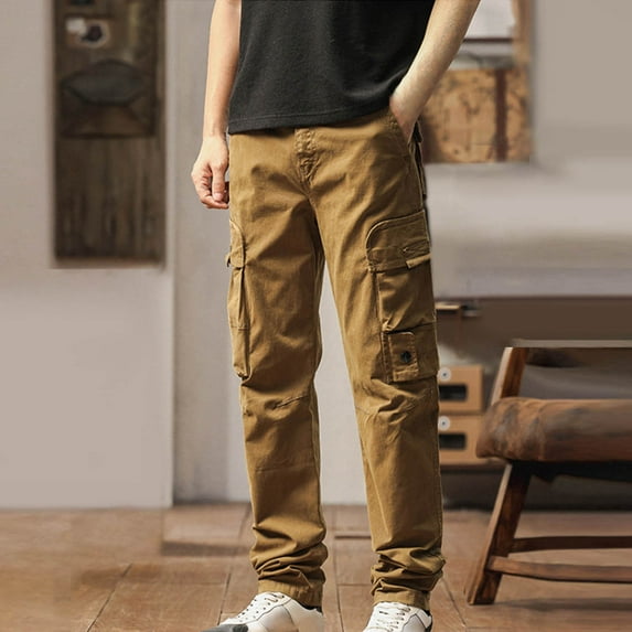 Zylanna Men's Cargo Pants, Slim-Fit Fashion Elastic Waist Multi-Pockets Casual Pants for Men Beige Size L
