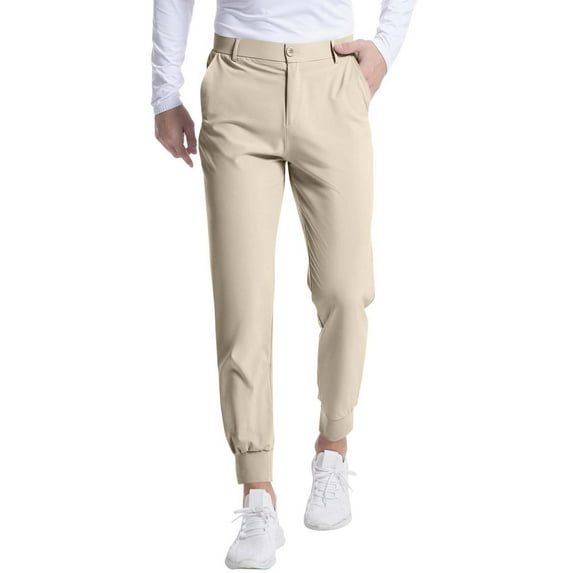 Zylanna Men's Cargo Pants, Solid Color Jogger with Pockets Elastic Waist Casual Pants for Outdoor Beige