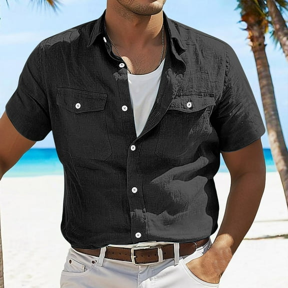 Zylanna Men's Casual Button Down Shirts, Short Sleeve Breathable Turndown Collar Loose and Comfort Summer Shirts for Men Black Size S