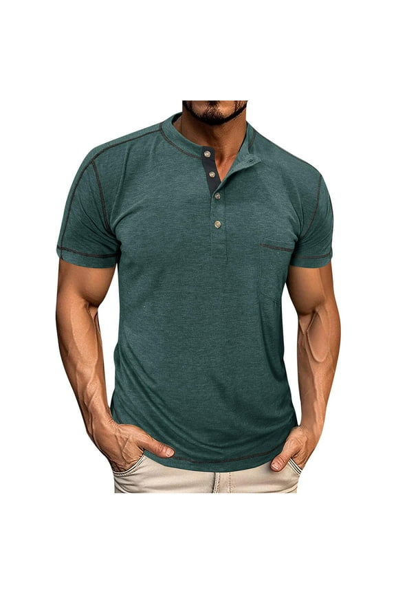 Men's Casual Button Shirts Tee, with Pocket Crew Neck Short Sleeve Solid Color Breathable Summer Tops for Man Green Size 2XL