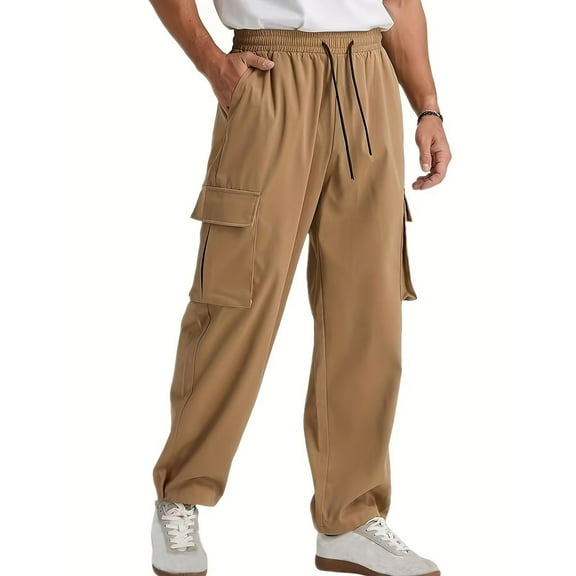 Zylanna Men's Casual Cargo Pants, with Pockets Drawstring Waist Stretchable Baggy Comfortable Pants for Winter Sports Khaki
