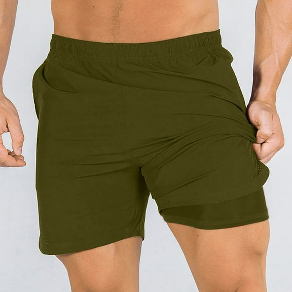 Zylanna Men's Casual Double-layer Shorts, Athletic Sport 2025 New Style Solid Color with Pockets Elastic Waist Summer Short Pants for Man Army Green Size 2XL