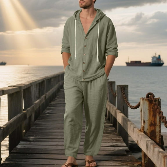 Zylanna Men's Casual Outfit Sets, 2 Piece Hooded Elastic Waist Long Sleeve Cardigan Pants Sets for Men Army Green