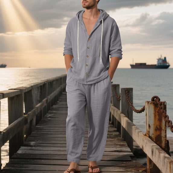 Zylanna Men's Casual Outfit Sets, 2 Piece Hooded Long Sleeve Elastic Waist Cardigan + Pants Sets for Men Gray