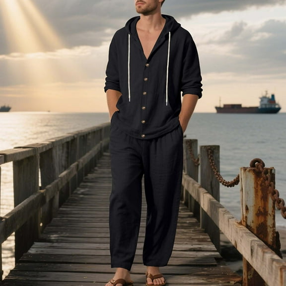 Zylanna Men's Casual Outfit Sets, 2 Piece Long Sleeve Elastic Waist Hooded Cardigan   Pants Sets for Men Black