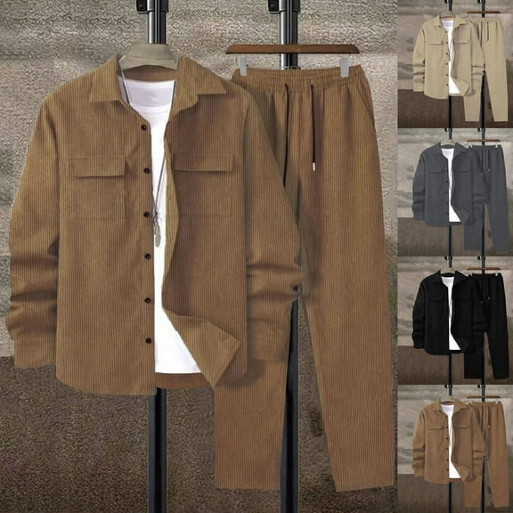 Zylanna Men's Casual Outfit Sets, 2 Piece Long Sleeve Elastic Waist Turndown Collar Cardigan Pants Sets for Men Brown