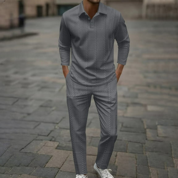 Zylanna Men's Casual Outfit Sets, Elastic Waist Long Sleeve Turndown Collar 2 Piece Pullover   Pants Sets for Men Gray