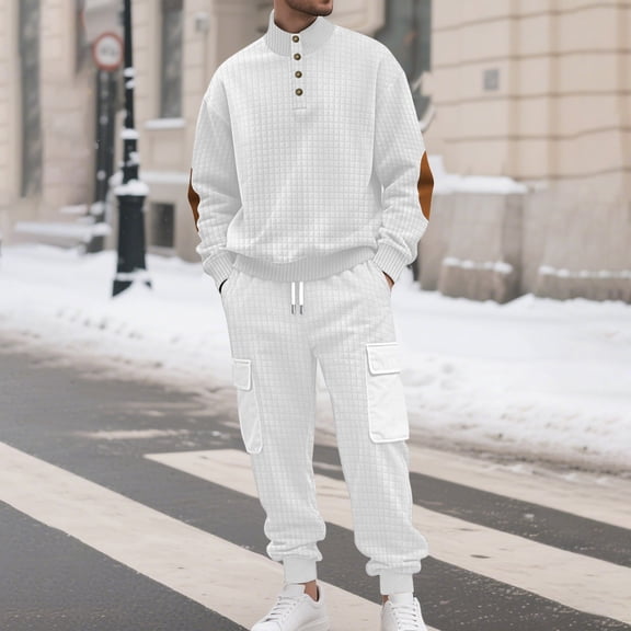Zylanna Men's Casual Outfit Sets, Long Sleeve Turndown Collar Elastic Waist 2 Piece Pullover   Pants Sets for Men White