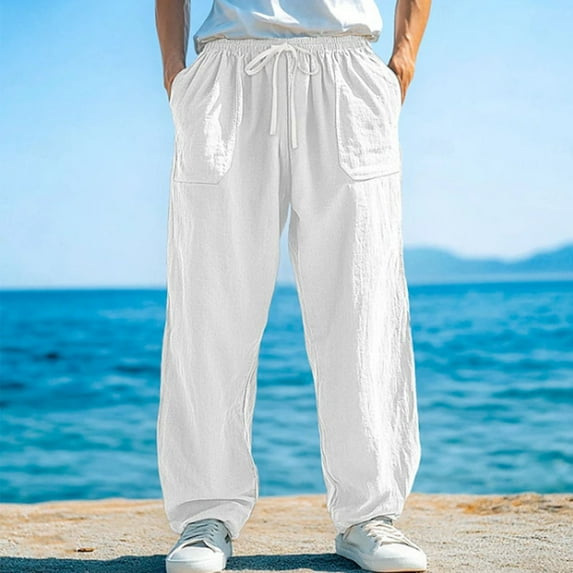 Zylanna Men's Casual Pants, Loose Elastic Waist Pockets with Drawstring Straight Leg Flax Pants for Men White
