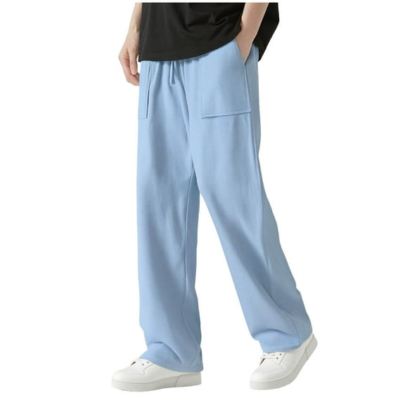 Zylanna Men's Casual Pants, Pockets Loose with Drawstring Elastic Waist Straight Leg Flax Pants for Men Light Blue