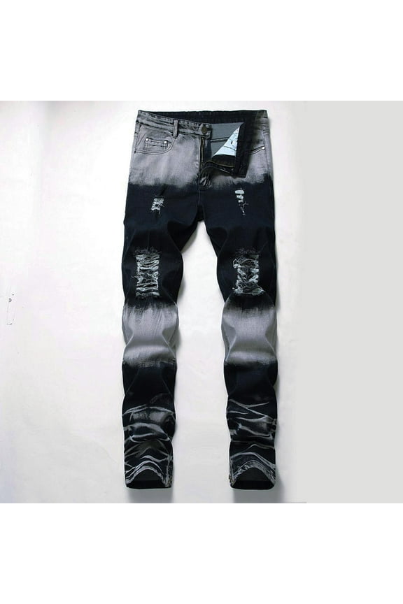 Men's Casual Relax Fit Jeans, Ripped Elastic Waist Button Pockets Zipper Straight Leg Denim Pants for Men Dark Blue Size S