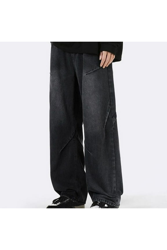 Men's Casual Relax Fit Jeans, Straight Leg Elastic Waist Comfort Fashion Denim Pants for Men Black Size L