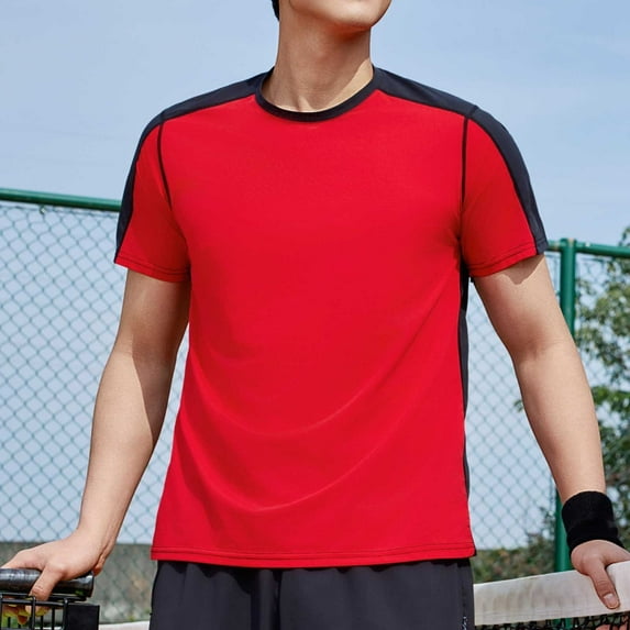 Zylanna Men's Casual Shirts Tee, Short Sleeve Solid Color Athletic Elastic Crew Neck Breathable Summer Tops for Man Red Size L