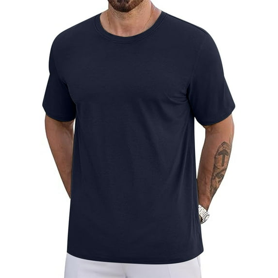 Zylanna Men's Casual Shirts Tee, Solid Color Short Sleeve Basic Loose Homewear Crew Neck Breathable Summer Tops for Man Navy Size M