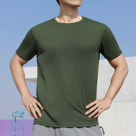 Zylanna Men's Casual Shirts Tee, Solid Color Short Sleeve Crew Neck Athletic Elastic Breathable Summer Tops for Man Army Green Size 4XL