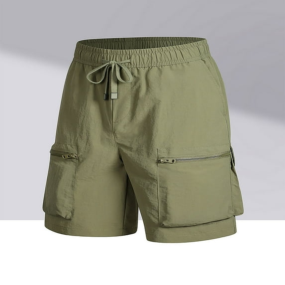 Zylanna Men's Casual Shorts, Elastic Waist with Pockets Solid Color Leisure Wear 2025 New Style Summer Cargo Shorts for Man Army Green Size 2XL