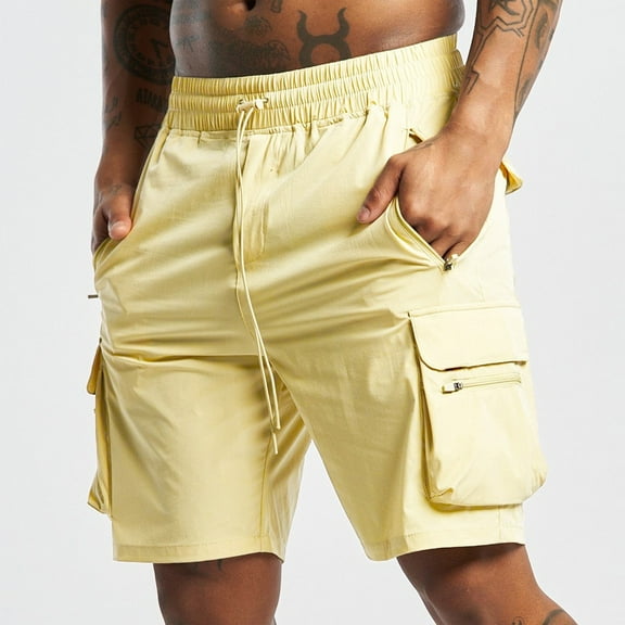 Zylanna Men's Casual Shorts, with Pockets Athletic Sport Elastic Waist Solid Color 2025 New Style Summer Cargo Shorts for Man Yellow Size L