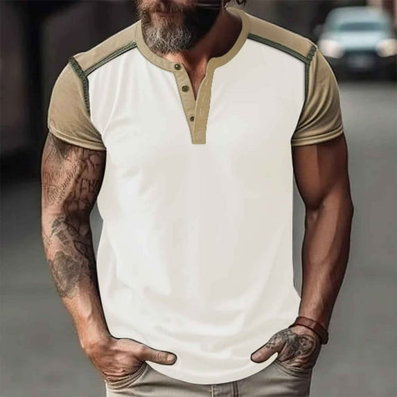 Zylanna Men's Casual T-Shirts, Crew Neck Color Patching Fashion Short Sleeve Shirts for Men Tee White Size L