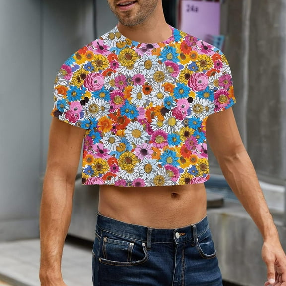 Zylanna Men's Casual T-Shirts, Crew Neck Navel Exposed Short Sleeve Fashion Shirts for Men Tee Multicolor Size S