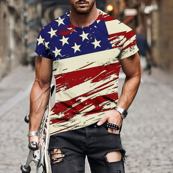 Zylanna Men's Casual T-Shirts, Fashion Independence Day Crew Neck Short Sleeve Shirts for Men Tee Khaki Size 4XL