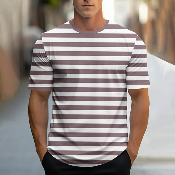 Zylanna Men's Casual T-Shirts, Fashion Short Sleeve Crew Neck Striped Shirts for Men Tee Pink Size XL