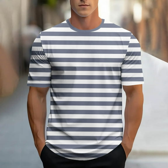 Zylanna Men's Casual T-Shirts, Short Sleeve Crew Neck Fashion Striped Shirts for Men Tee Blue Size L