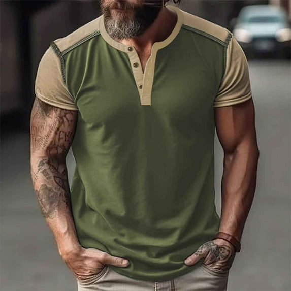 Zylanna Men's Casual T-Shirts, Short Sleeve Fashion Crew Neck Color Patching Shirts for Men Tee Army Green Size M