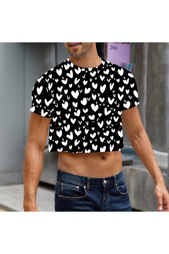 Men's Casual T-Shirts, Short Sleeve Fashion Crew Neck Navel Exposed Shirts for Men Tee Black Size L